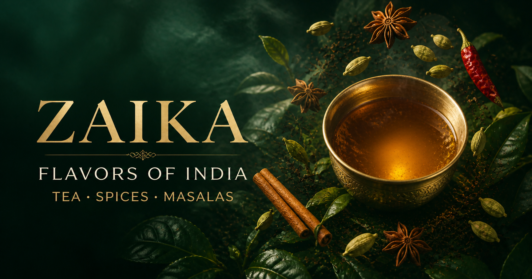 Zaika Flavors of India with a glowing tea bowl, tea leaves, cardamom, star anise, cinnamon and chilli